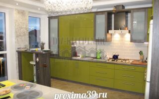 Салатовая кухня с контрастными деревянными вставками