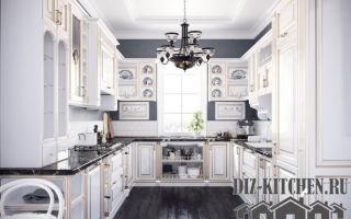 Стильная классическая белая кухня 16 кв. м. с черным паркетом