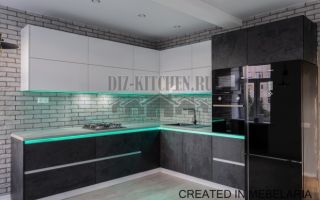 Кухня – гостиная 16 кв. м в стиле лофт с подсветкой
