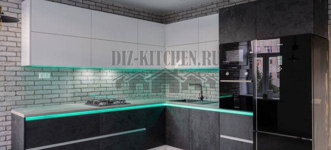 Кухня – гостиная 16 кв. м в стиле лофт с подсветкой