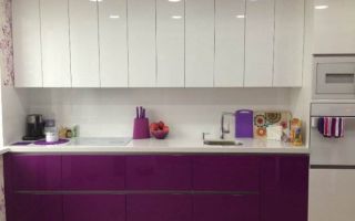 Дизайн прямой фиолетовой кухни 15 кв.м
