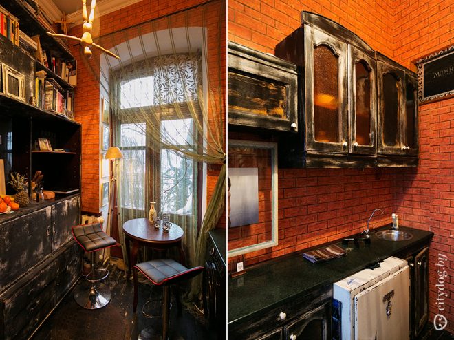 Люк в полу черной кухни 7 кв.м в стиле лофт