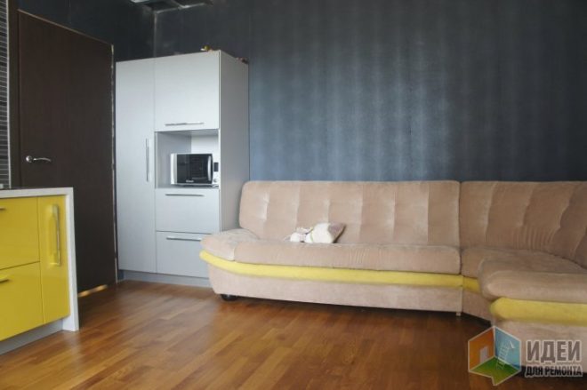 Дизайн кухни-гостиной 16 кв.м оливкового цвета