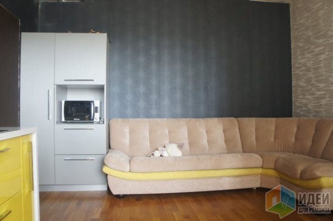 Дизайн кухни-гостиной 16 кв.м оливкового цвета